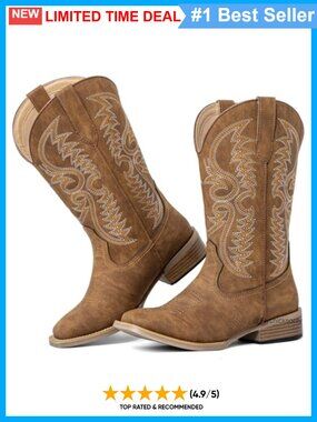 Extra Wide Calf Cowboy Boots Women Square Toe Faux Leather
